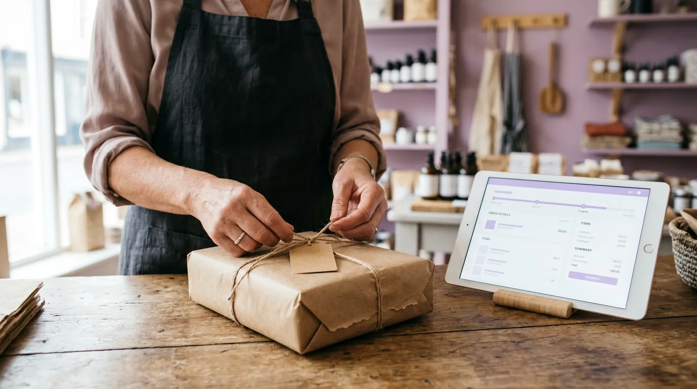A shopkeeper tying a kraft parcel beside a tablet showing an order screen