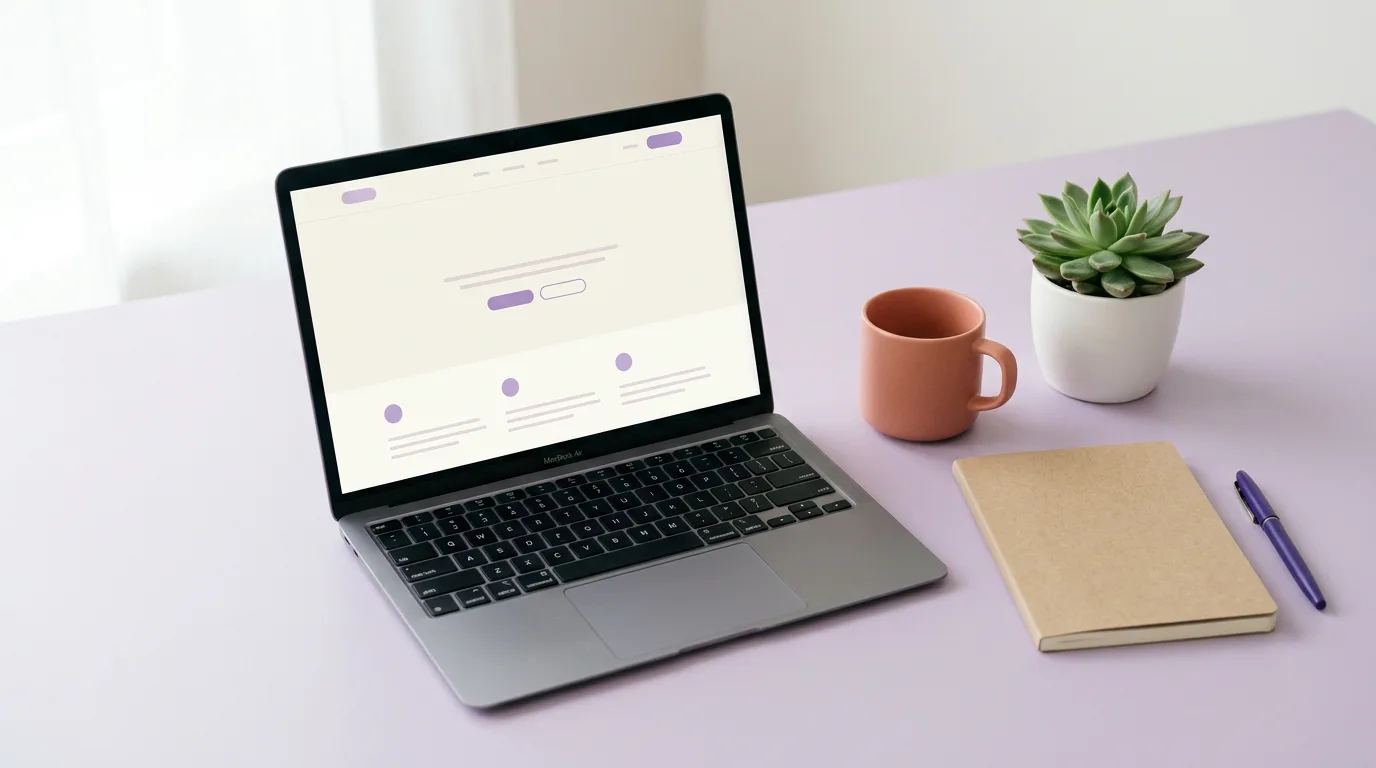 A laptop showing a clean website with purple accents on a lavender desk