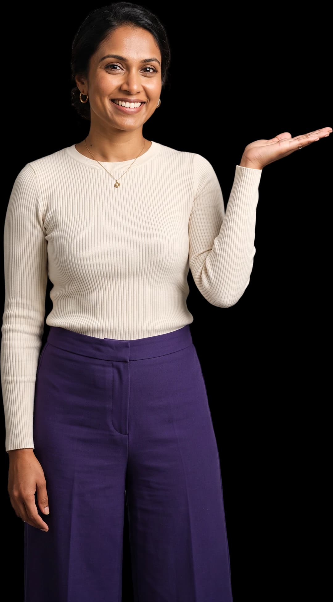A smiling business owner presenting with an open palm