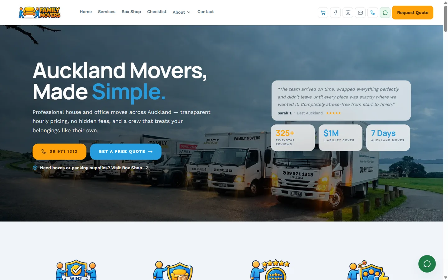 Family Movers home page hero with the fleet, pricing stats and reviews
