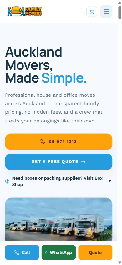 Family Movers mobile home screen with the headline, call and quote buttons