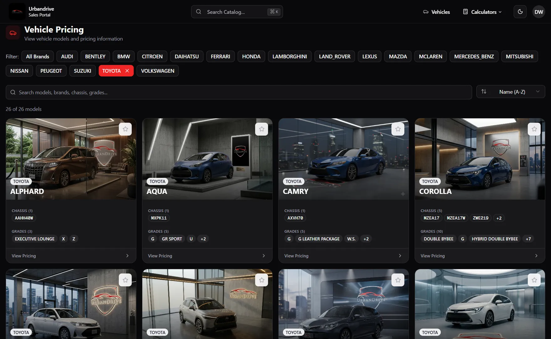UrbanDrive sales portal listing vehicle models with pricing