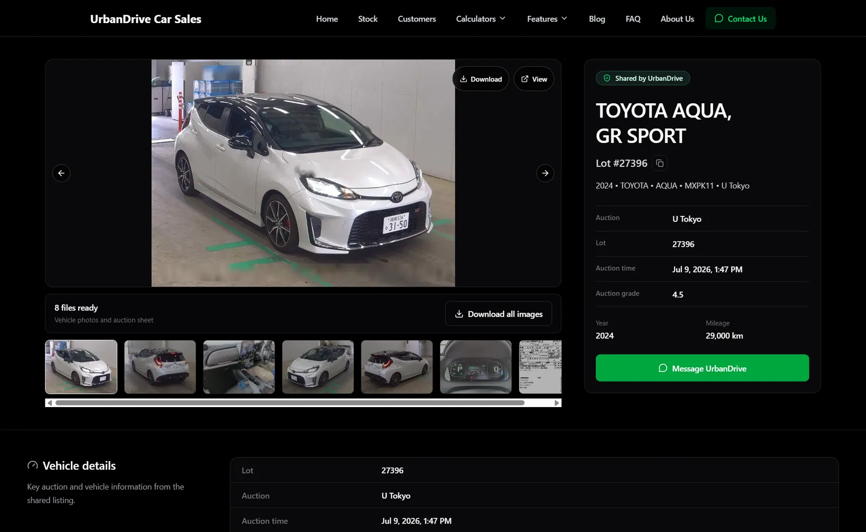 Public shareable vehicle listing with auction photos and details
